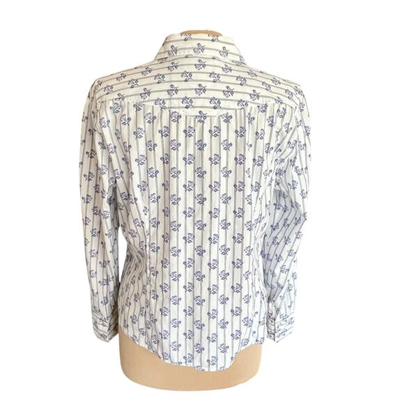 Tommy Hilfiger White Blue Floral Print Pearl Snap Button Up Top Ruffled Size XL - Picture 5 of 8